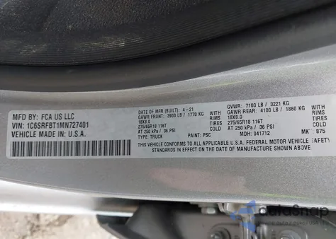 2021 Ram 1500 Big Horn 4X4 6'4 Box from USA, damaged, VIN 1C6SRFBT1MN727401